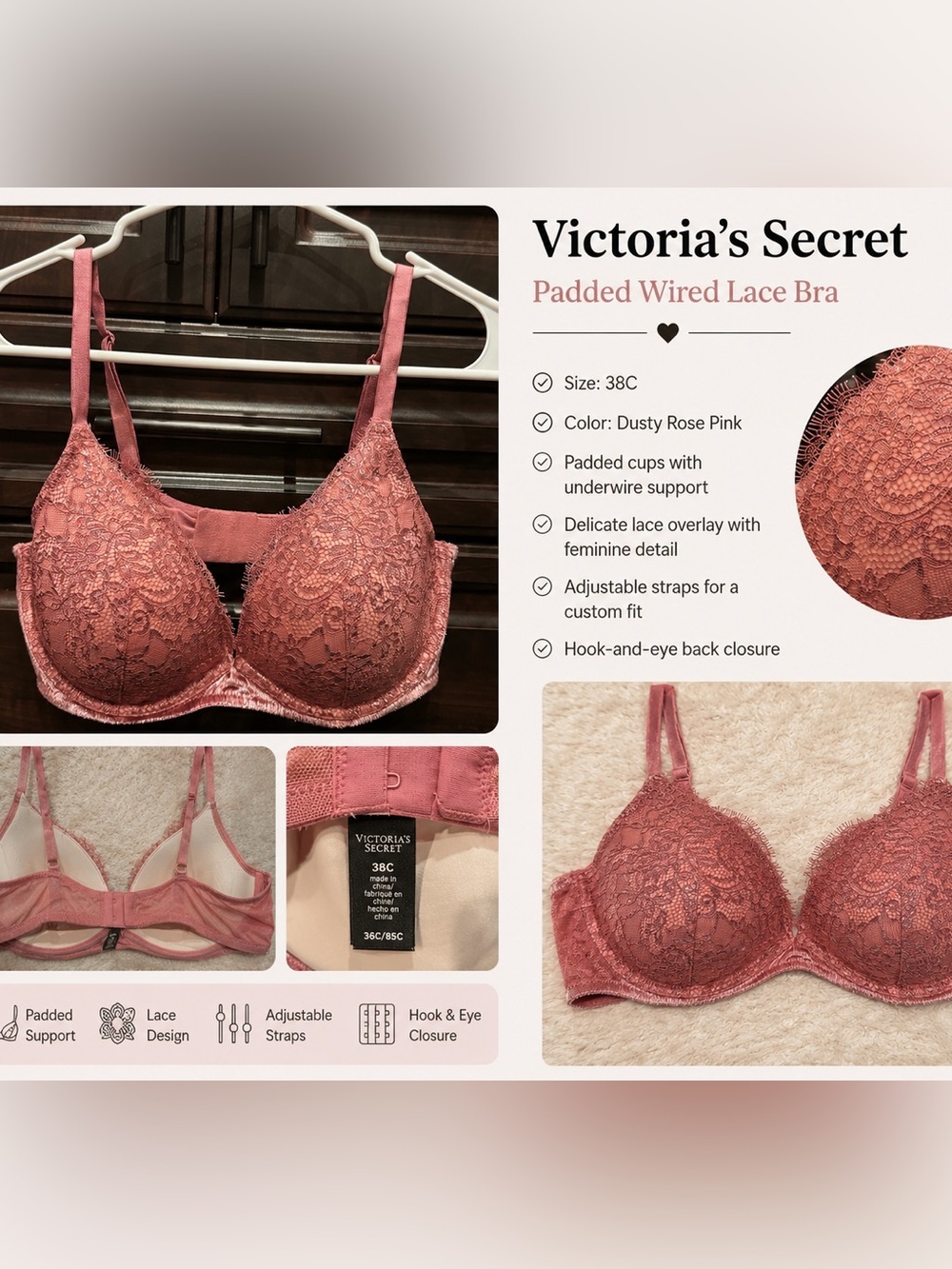 Victoria's Secret Lace Full-Coverage Bra in Dusty Rose 38C
